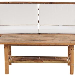 Beliani Zestaw Mebli Ogrodowych Sofa Dwa Fotele Stolik Bambusowy Z Poduchami Biały Riccione